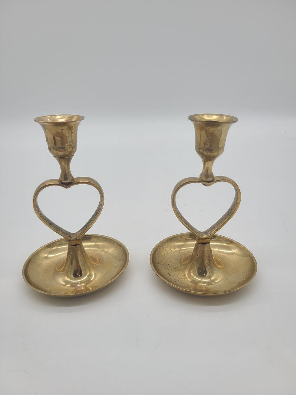 Vintage Brass Heart Taper Candle Holders Pair Chambersticks Romantic Cottagecore